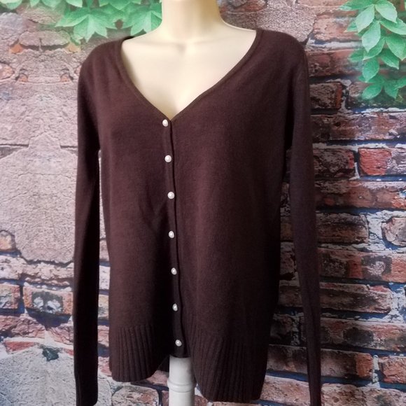 Brown V Neck Pearl Button Down Cardigan - Picture 1 of 5